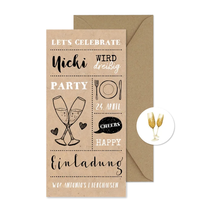 Einladung zur Party Kraftpapier und Sektgläser