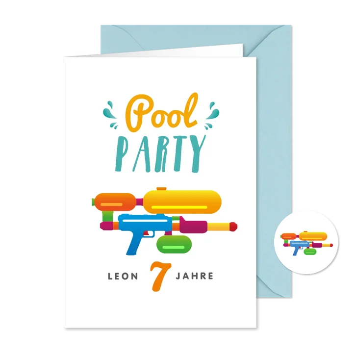 Einladung zur Poolparty mit Wasserpistole 7. Geburtstag