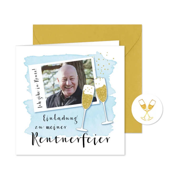 Einladung zur Rentnerfeier mit Foto und Sektgläsern
