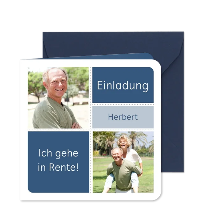 Einladung zur Rentnerfeier mit zwei Fotos