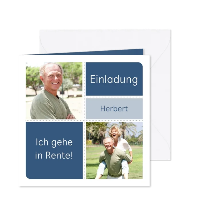 Einladung zur Rentnerfeier mit zwei Fotos