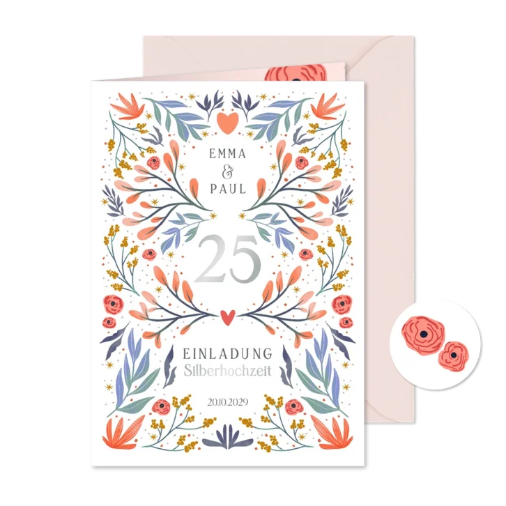 Einladung zur Silberhochzeit mit Blumen-Dekor