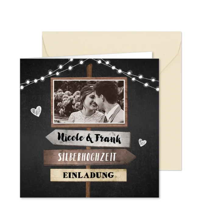 Einladung zur Silberhochzeit Schilder und Foto schwarz