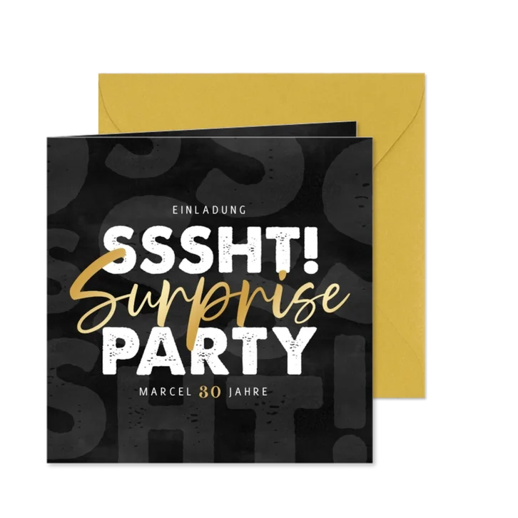 Einladung zur Surpriseparty Goldlook auf Schwarz