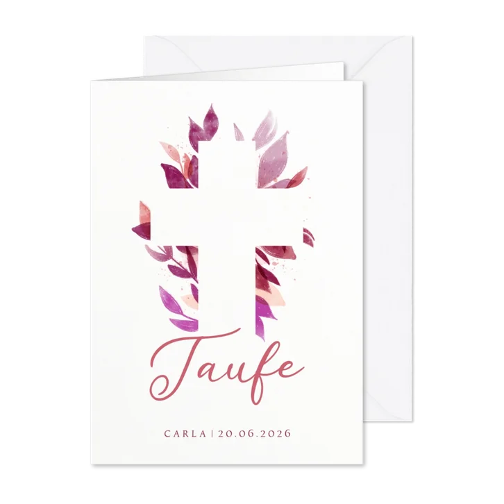 Einladung zur Taufe florales Kreuz pink