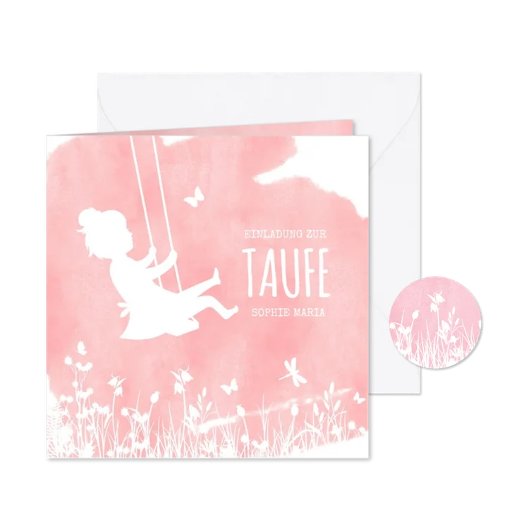 Einladung zur Taufe Mädchen auf Schaukel Aquarell