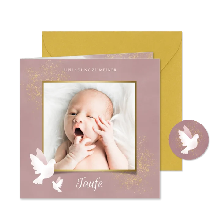 Einladung zur Taufe rosa Aquarell mit Foto und Tauben