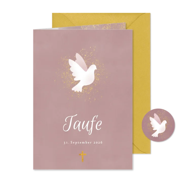 Einladung zur Taufe rosa Aquarell mit Taube und Kreuz