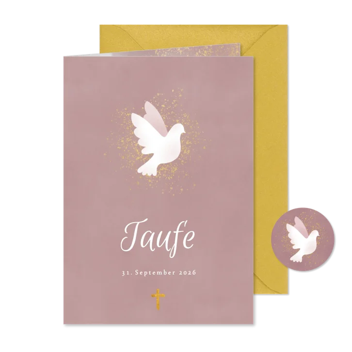 Einladung zur Taufe rosa Aquarell mit Taube und Kreuz