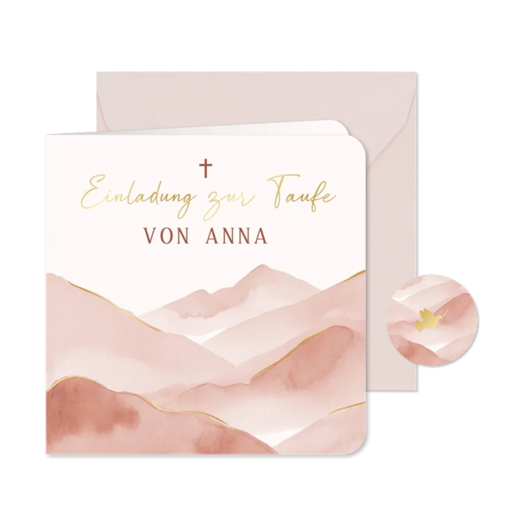 Einladung zur Taufe rosa Berge Aquarell