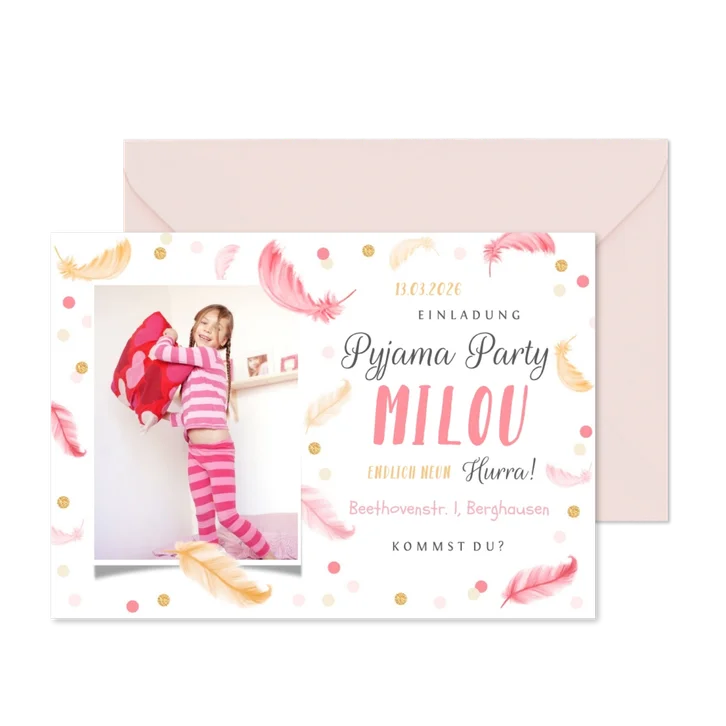 Einladung zur Übernachtungsparty Federn, Foto & Konfetti