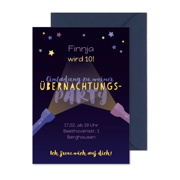 Einladung zur Übernachtungsparty Taschenlampen 10 Jahre