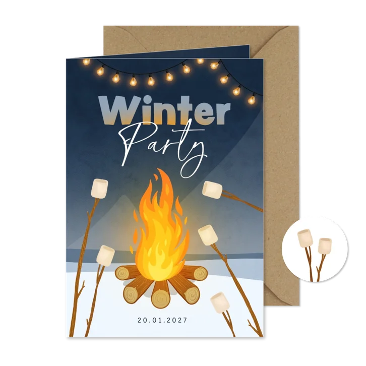 Einladung zur Winterparty Feuer mit Marshmallows