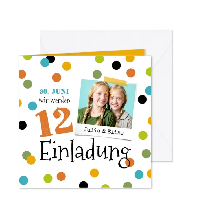 Einladung Zwillingsgeburtstag Foto & Konfetti 12 Jahre
