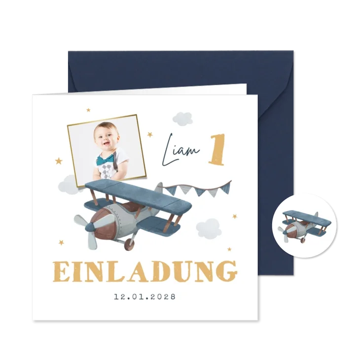 Einladungskarte 1. Geburtstag Flugzeug und Foto