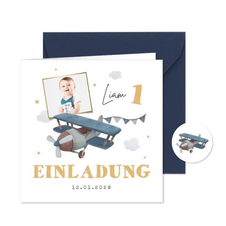 Einladungskarte 1. Geburtstag Flugzeug und Foto