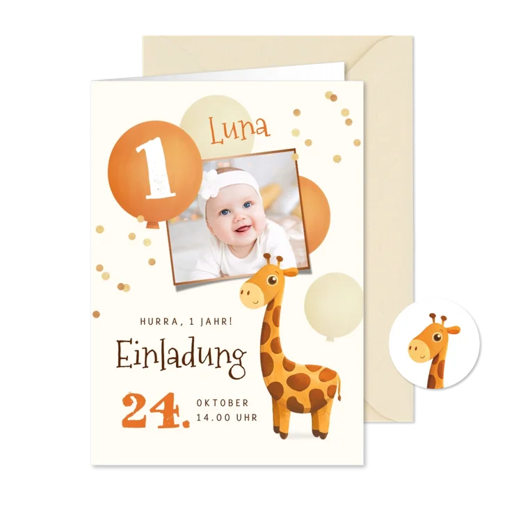 Einladungskarte 1. Geburtstag Foto & Giraffe