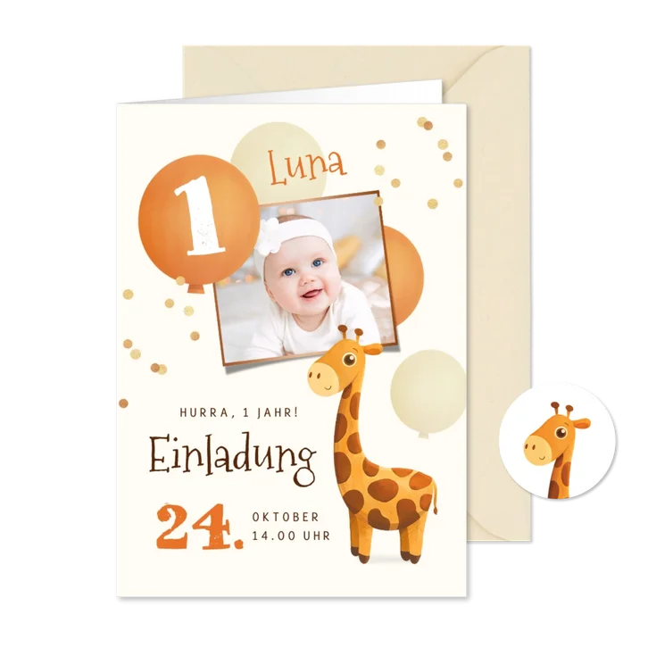 Einladungskarte 1. Geburtstag Foto & Giraffe