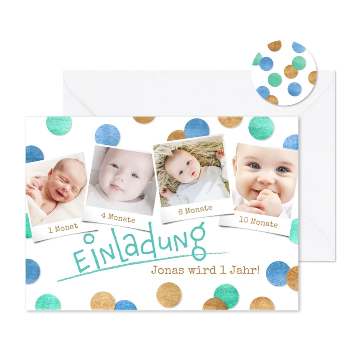 Einladungskarte 1. Geburtstag Konfetti blau & Fotos