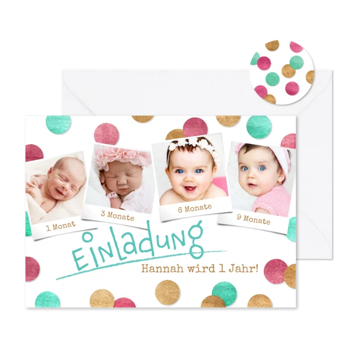 Einladungskarte 1. Geburtstag Konfetti pink & Fotos