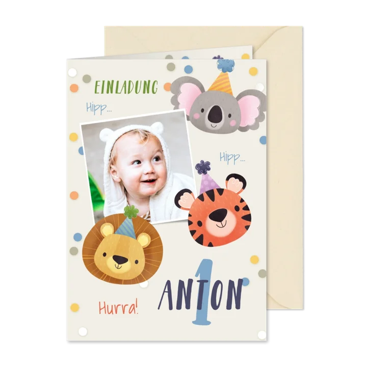Einladungskarte 1. Geburtstag lustige Tiere