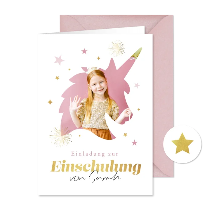 Einladungskarte 1. Schultag Foto in Einhornform