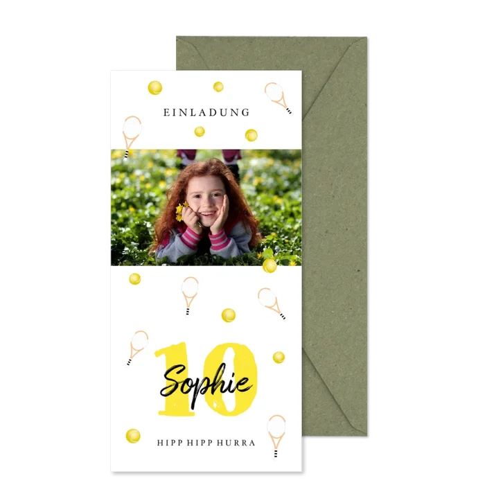 Einladungskarte 10. Kindergeburtstag Tennis mit Foto