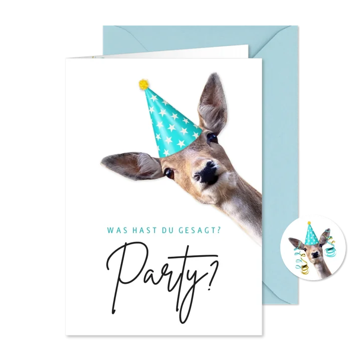 Einladungskarte 11. Kindergeburtstag Reh mit Partyhut