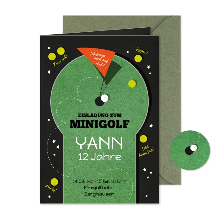 Einladungskarte 12. Kindergeburtstag Minigolf
