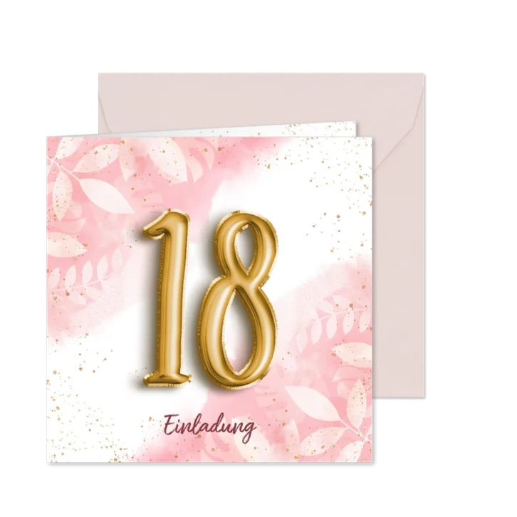 Einladungskarte 18. Geburtstag Aquarell & Folienballon 