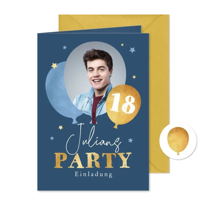 Einladungskarte 18. Geburtstag mit Foto & Luftballons