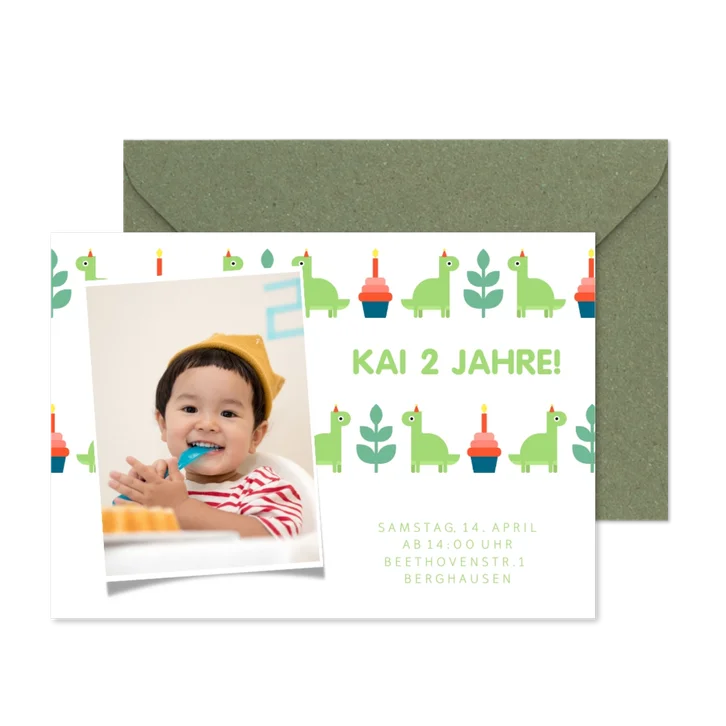 Einladungskarte 2. Kindergeburtstag kleine Dinosaurier