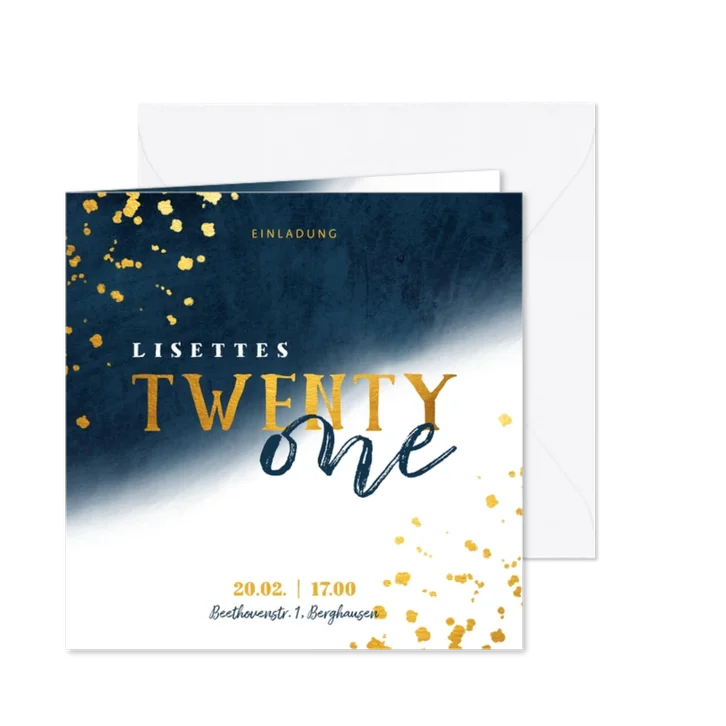 Einladungskarte 21. Geburtstag blau und 'twenty one'