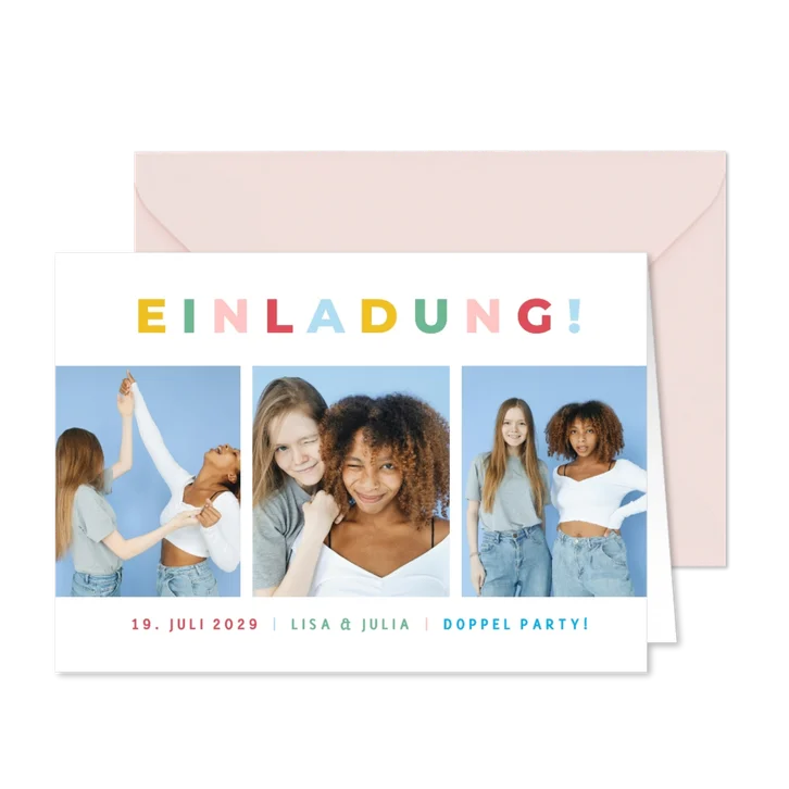 Einladungskarte 3 Fotos Doppel Geburtstag bunt
