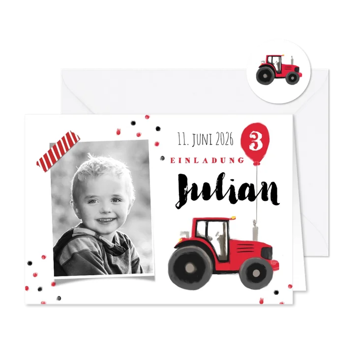 Einladungskarte 3. Kindergeburtstag Traktor mit Luftballon