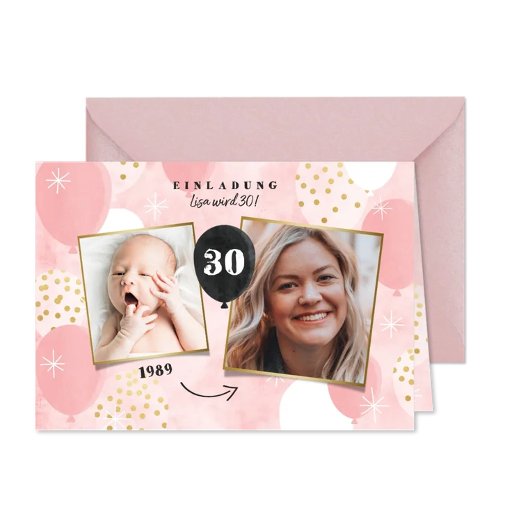 Einladungskarte 30. Geburtstag Foto früher/heute