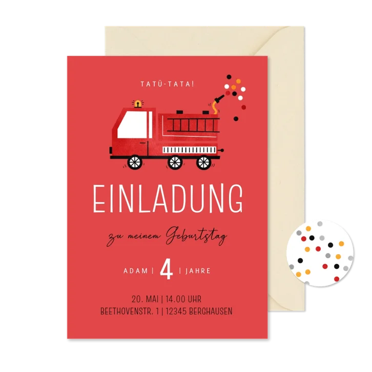 Einladungskarte 4. Kindergeburtstag Feuerwehr 