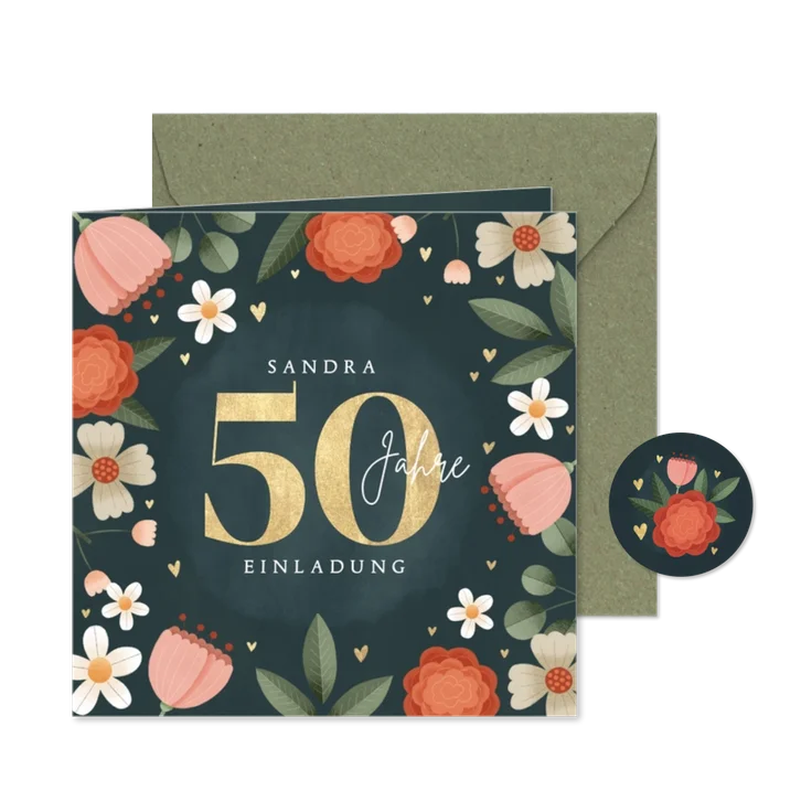 Einladungskarte 50. Geburtstag Blumen