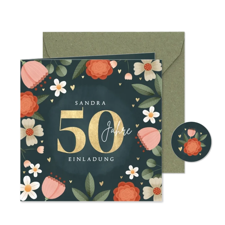 Einladungskarte 50. Geburtstag Blumen