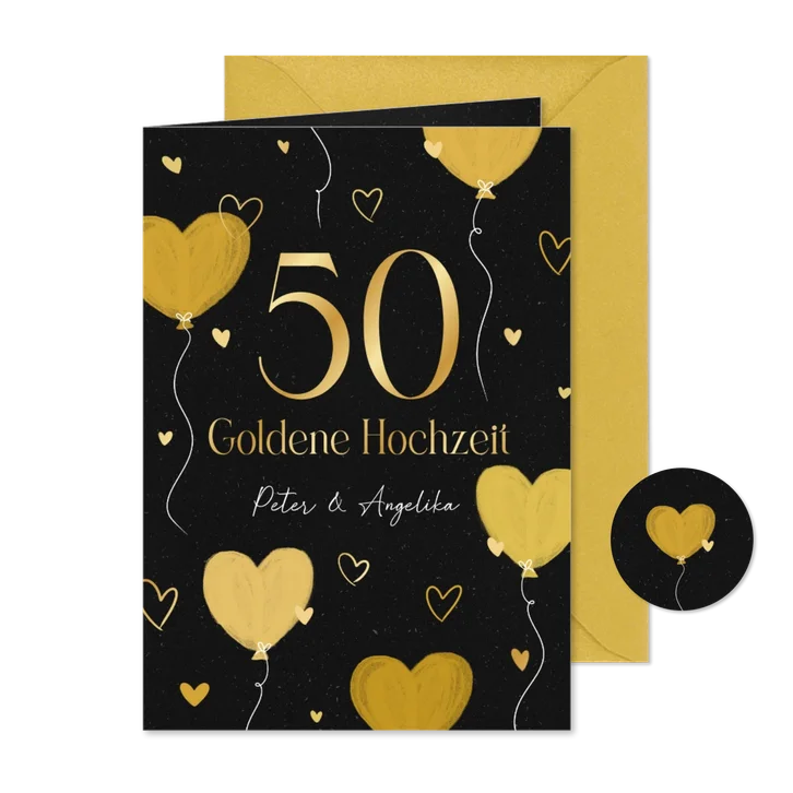 Einladungskarte 50 Goldene Hochzeit Herzluftballons