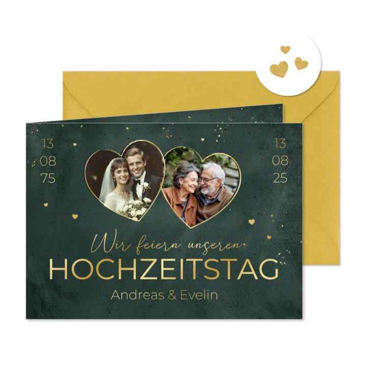 Einladungskarte 50. Hochzeitstag mit Fotos in Herzen