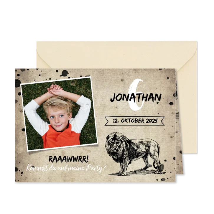 Einladungskarte 6. Kindergeburtstag Löwe & Fotos