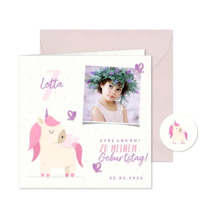 Einladungskarte 7. Kindergeburtstag eigenes Foto und Einhorn