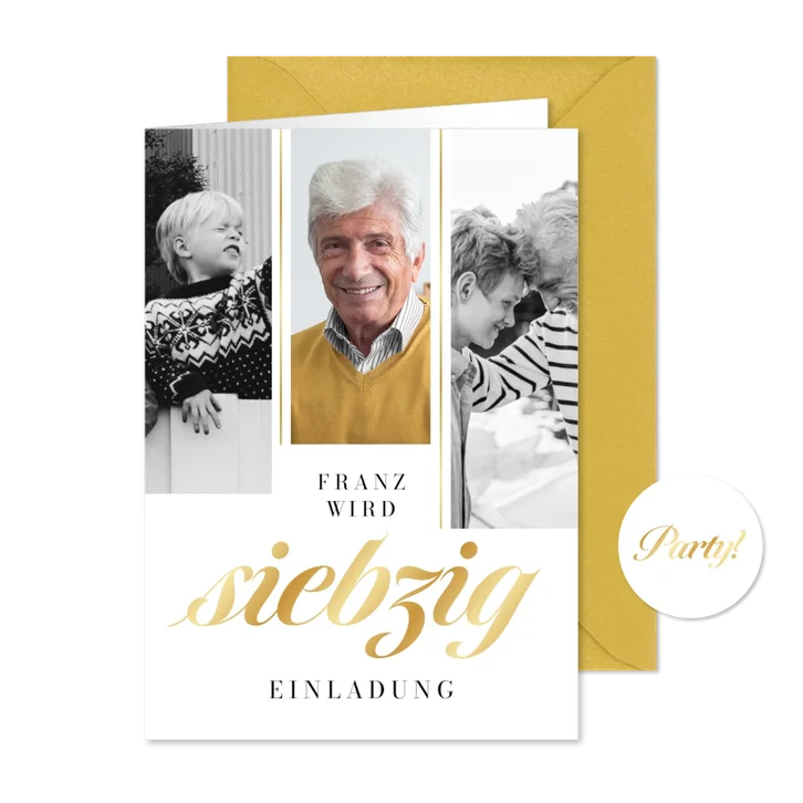 Einladungskarte 70. Geburtstag eigene Fotos & Golddruck