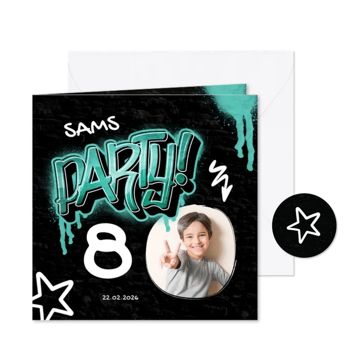 Einladungskarte 8. Kindergeburtstag Graffiti Party mit Foto