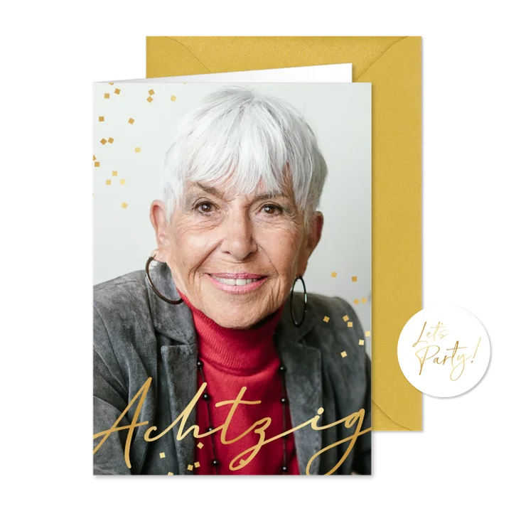 Einladungskarte 80. Geburtstag großes Foto Goldkonfetti
