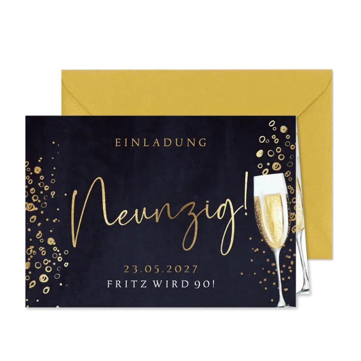 Einladungskarte 90. Geburtstag Sektglas