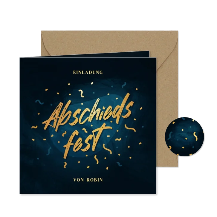 Einladungskarte Abschiedsfest Goldlook Konfetti