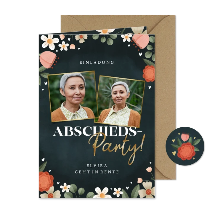 Einladungskarte Abschiedsparty Fotos & Blumen