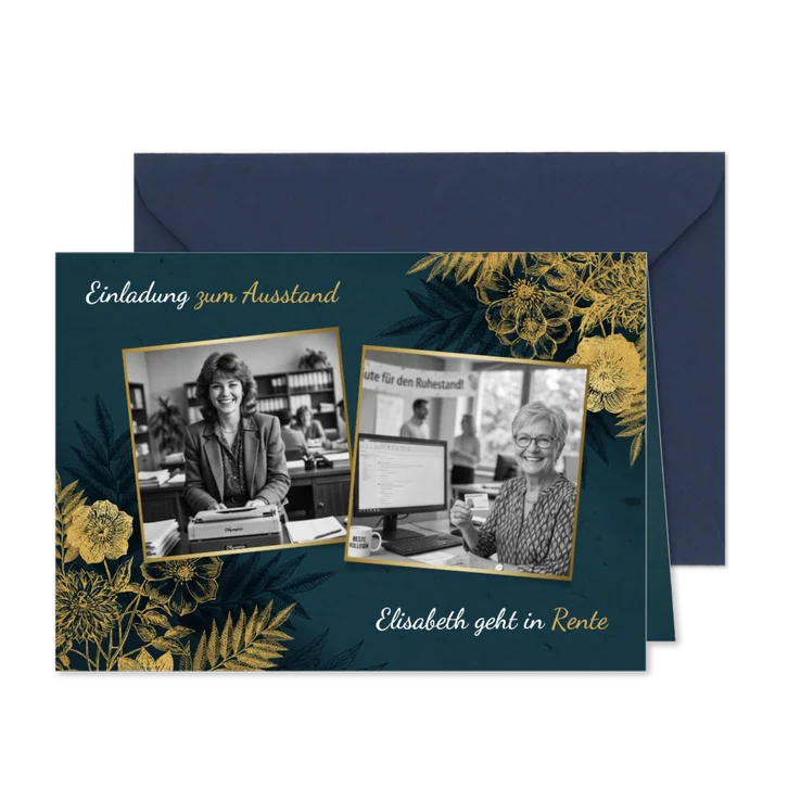 Einladungskarte Ausstand Fotocollage blau goldene Blumen